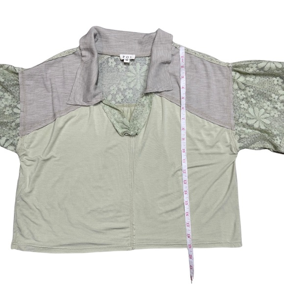 POL MEDIUM Pistachio Green Ribbed Floral Lace Mixed Media Polo Collared Crop Top - Picture 8 of 8
